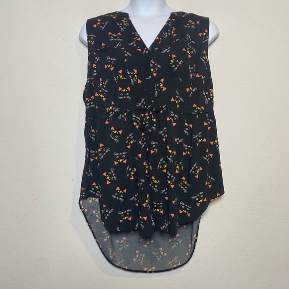 torrid Tops - Torrid Black Babydoll‎ Sleeveless Black Blouse Womens 3 Cat Whimsical Novelty